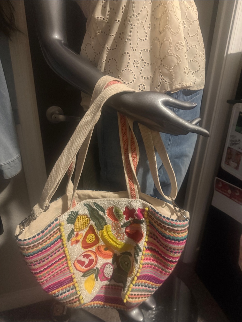 Multicolor Embroidered Canvas Tote with Fruit Motif